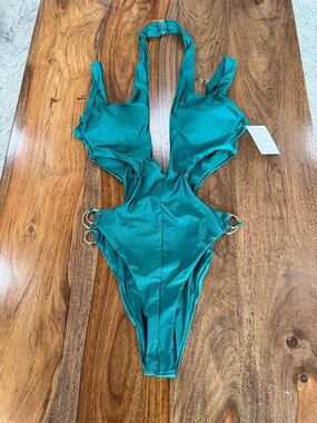 Emerald Cutout One-Piece Swimsuit with Gold Side Ring Accents
